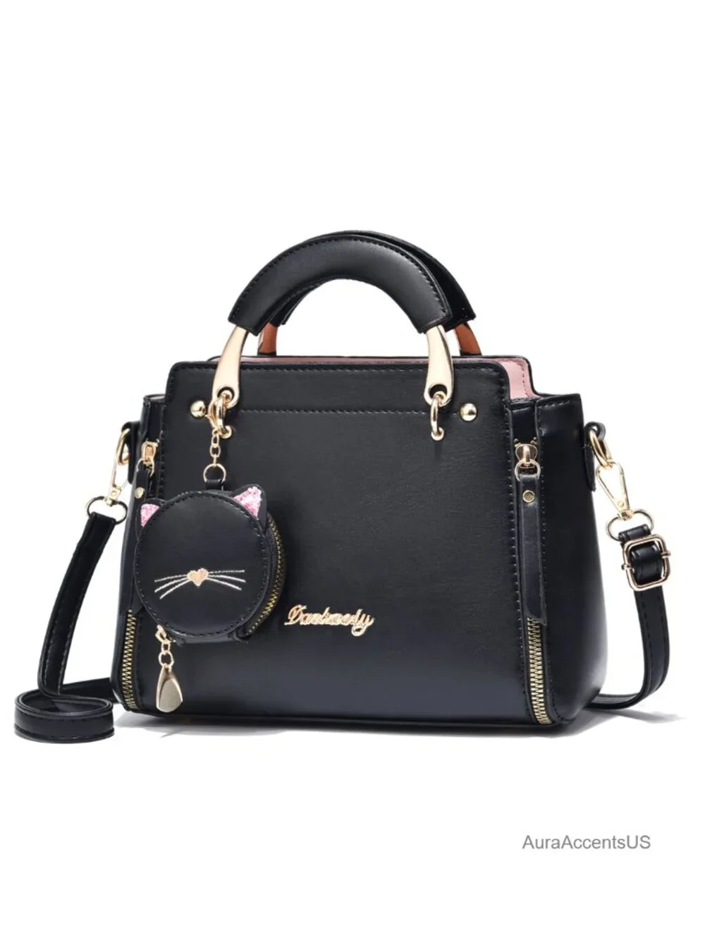 PU Leather Top Handle Satchel Crossbody Bag with Kitten Pendant - Small Tote